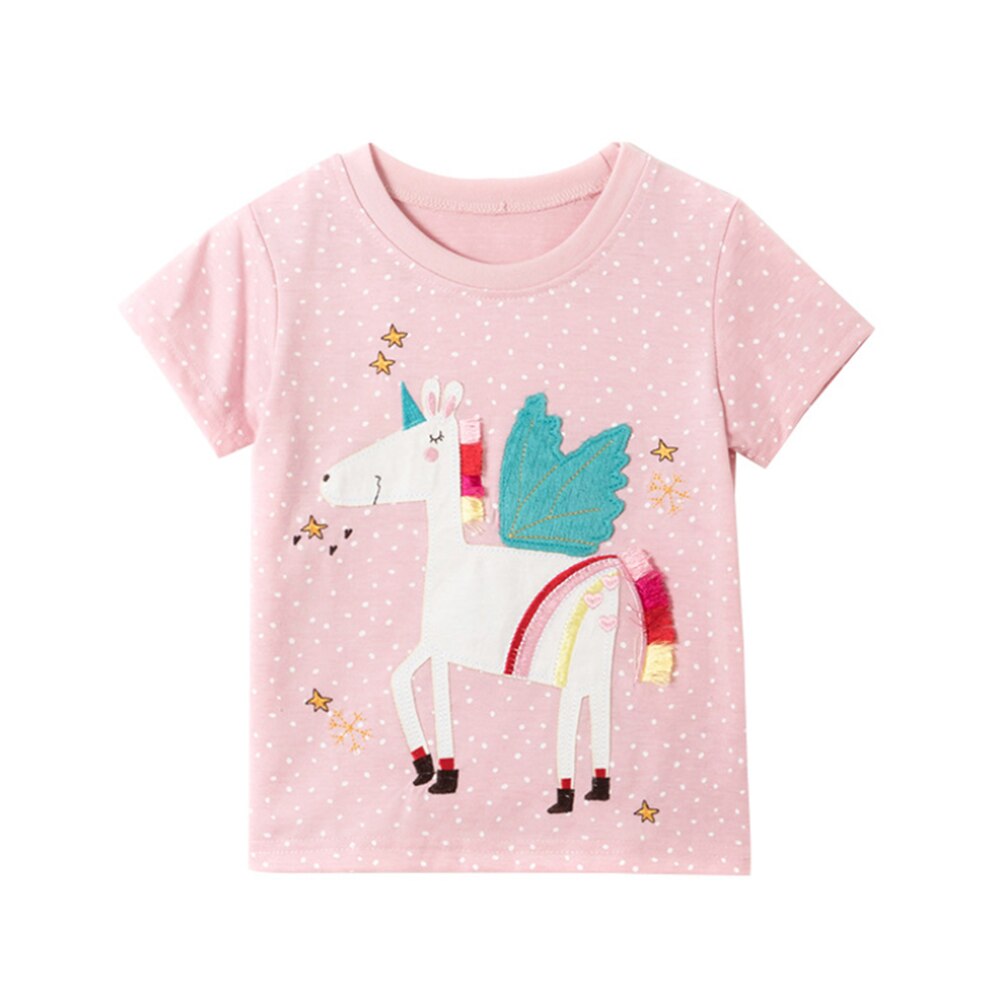 Springende meters zomer meisjes t-shirts eenhoorn applicatie schattige kinderkleding katoenen kinder t-shirts tops