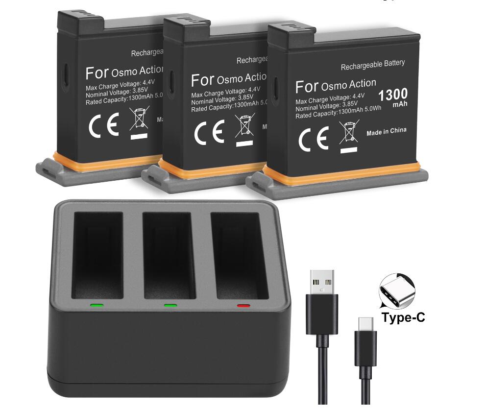 Osmo handling batteri  + 3 havn smart hurtiglader til dji osmo sportskamera: 3 batterier med lader