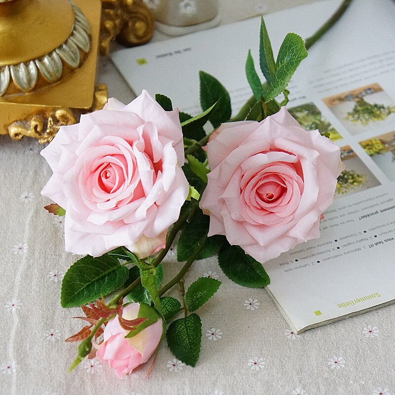 Luxe Grote Rose Tak Met Leaf Kunstzijde Bloemen Wedding Home Woonkamer Decoratie Flores Artificiales: pink