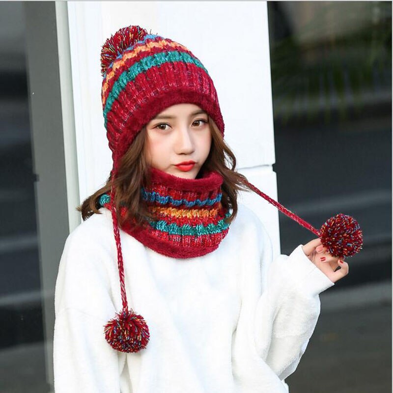BINGYUANHAOXUAN-gorro de punto para mujer, gorros con bufanda, gorros, gorros de invierno cálido holgado para niña, gorros de lana para niña