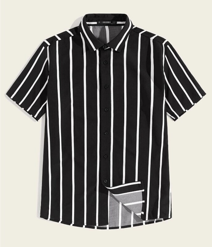 Men Buttons Front Short Sleeve Shirts Breathable Striped Printed Turn Down Collar Casual Shirt: S / A