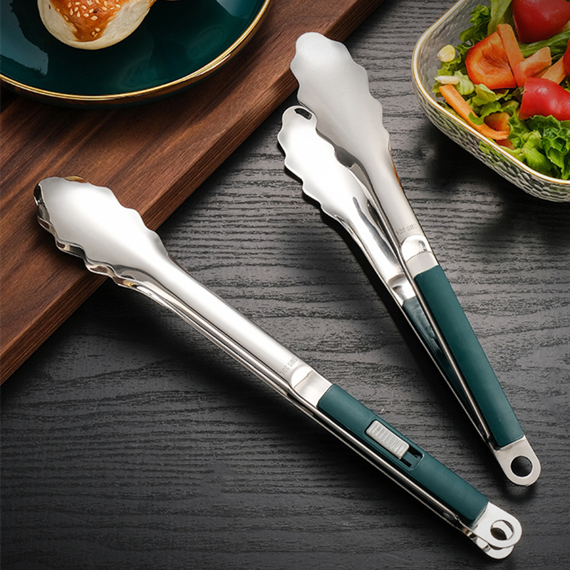 Sliding Button Food Barbecue Grill Tongs Stainless Steel Bread Buffet Clip Non-Stick Clamp Home Kitchen Cooking Accessories