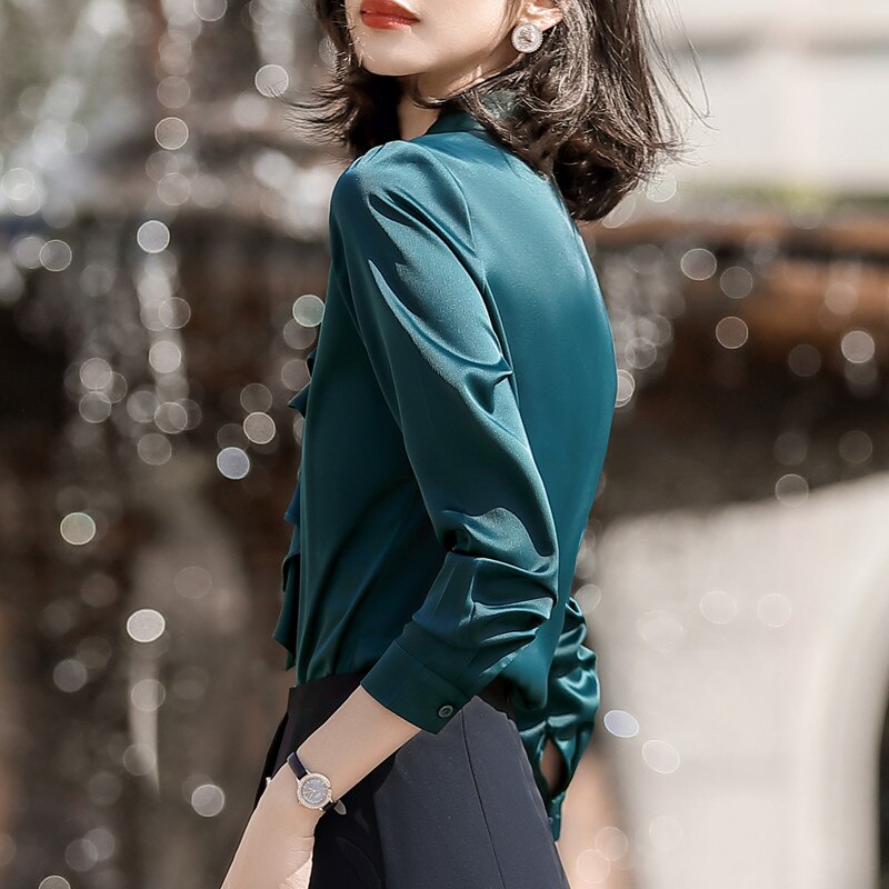 Chiffon skjorte kvinner sateng langermet volanger slanke bluser kontor damer arbeidstopper