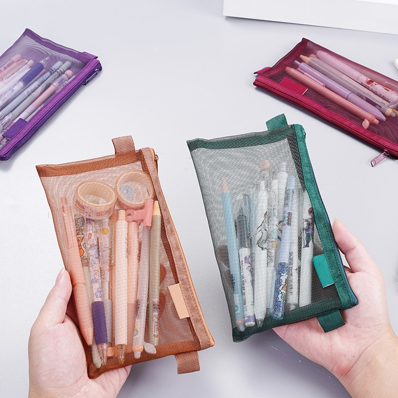 Estuche para lápices con cremallera Simple, bolsa de almacenamiento de cosméticos de malla, bolsa de papelería transparente, bolsa de maquillaje, bolsas de almacenamiento portátiles