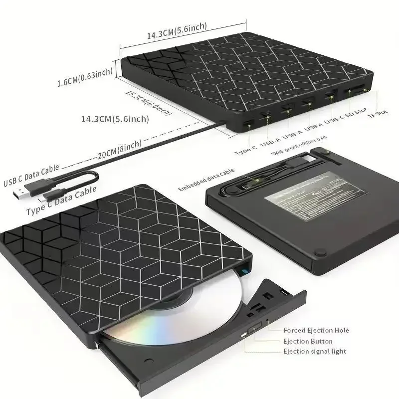 7 in externe dvd-laufwerke mit usb 3.0 typ-c 1 sd/tf-kartensteckplatz, cd/dvd-brenner und -recorder für laptops und desktop-pcs