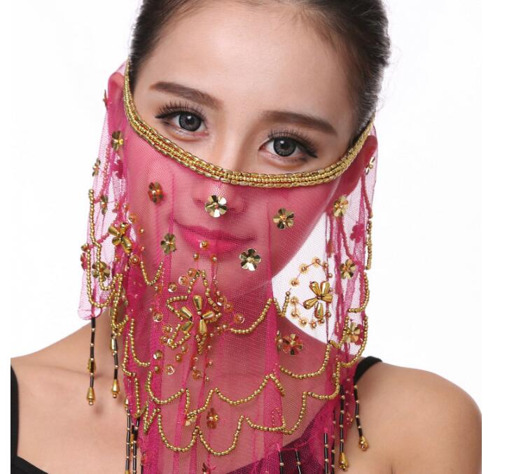 Women embroidered mesh belly dance face veils plum flower veil Indian dance costume jewelry props face mask: RHODO