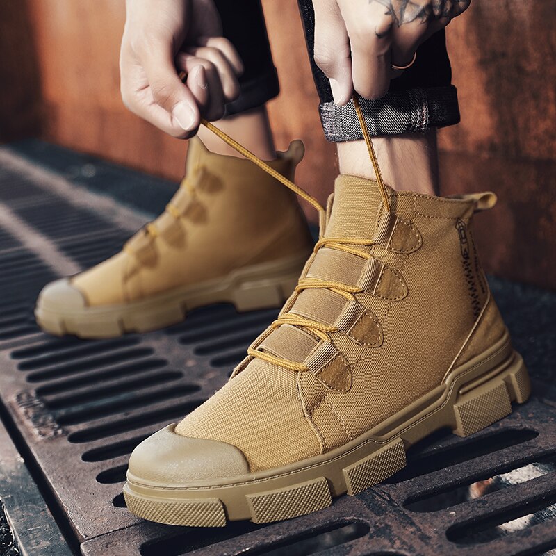 Martin boots höst- och vintertrend herrstövel i koreansk stil arbetsskor england högtopp casual canvasstövel: Kaki / 10