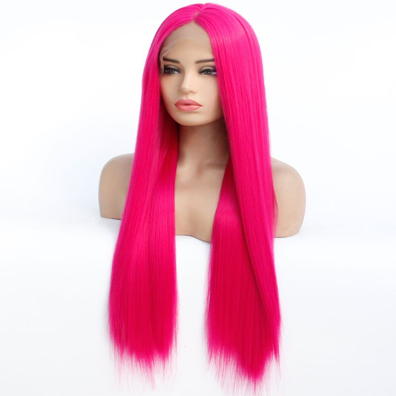 Rose Pink Synthetic Lace Front Wig Silky Straight Hand Tied Heat Resistant Fiber Free Part Natural Hairline Hair For Women Girls