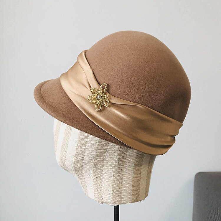 Solid vinter kvinders varme uld fedora hat retro stil bånd band damer ridning cap baseball cap beret hat formel: Khaki