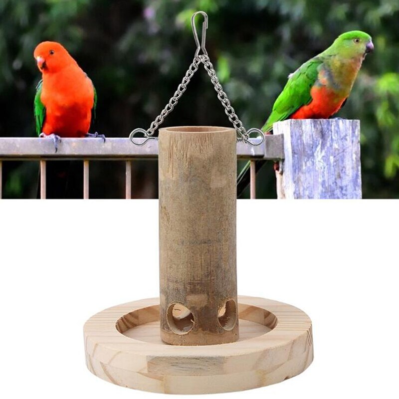 Voederbox voor huisdieren, natuurlijke bamboebuis, voederbak voor papegaaien met houten voet voor huisdieren, voerbak voor huisdieren