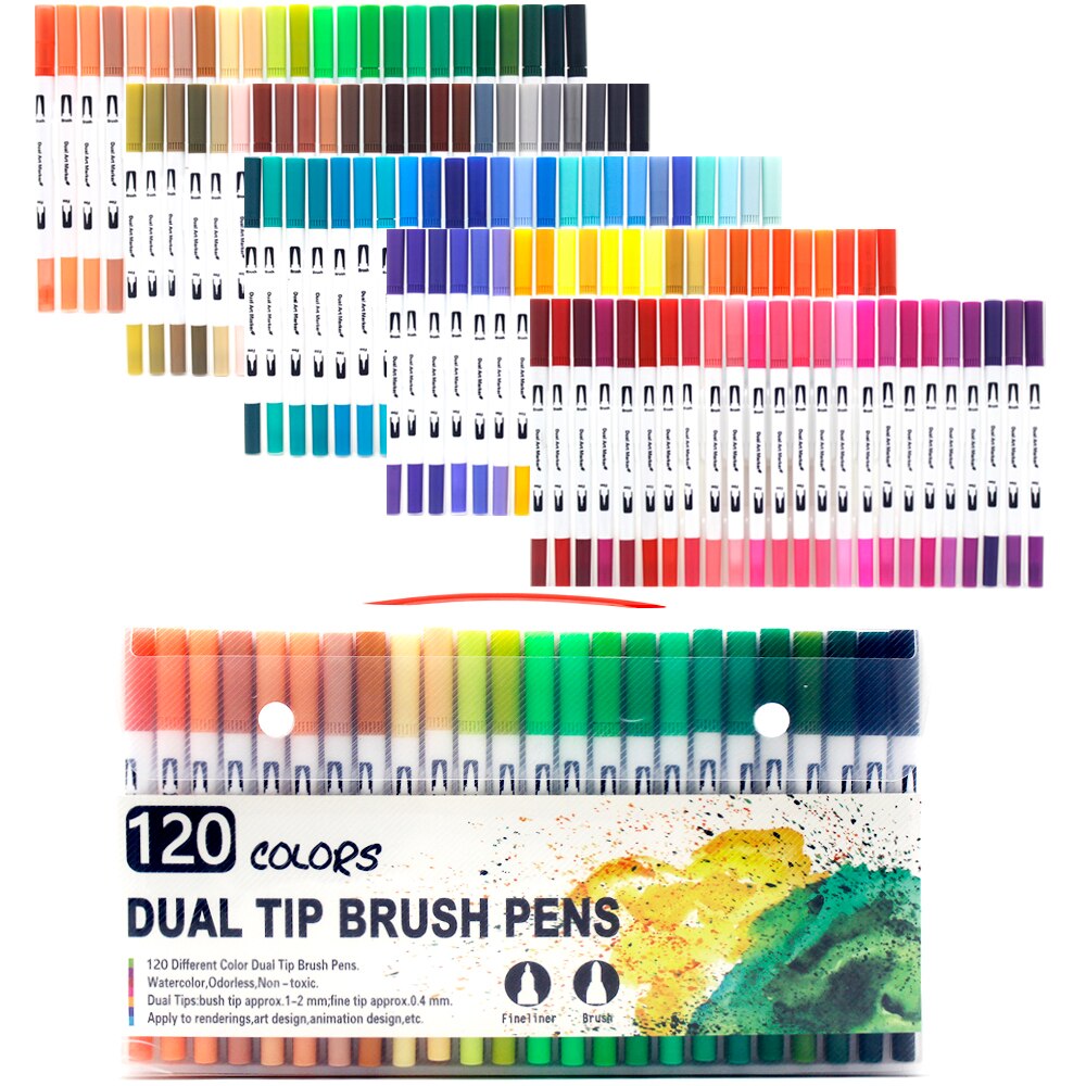Tuscher sæt 36/48/72/120 farver fineliner dobbelt spids pensel pen tegning maleri akvarel kunst tusch penne til manga kunst forsyninger: W -120 farve