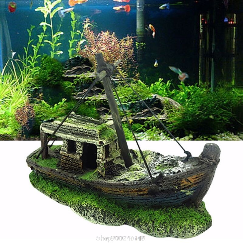 Decoración de acuario naufragio forma de barco rota ornamento de resina peces Ttank paisaje accesorios O09 20