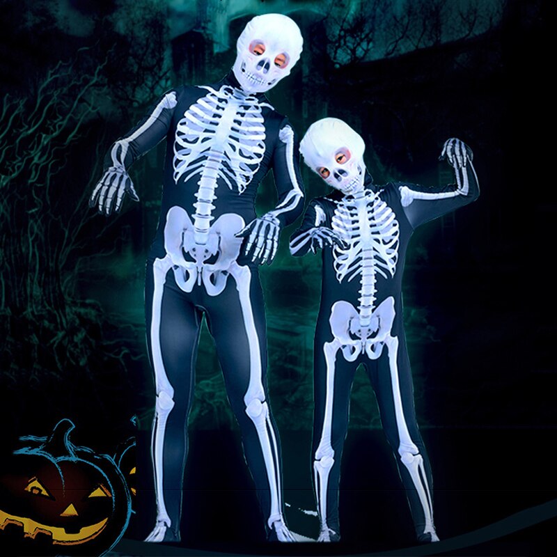 Pyjama Famille Halloween - Combinaison Squelette Blanche à Capuche Zippée - Pour Parent Et Enfant