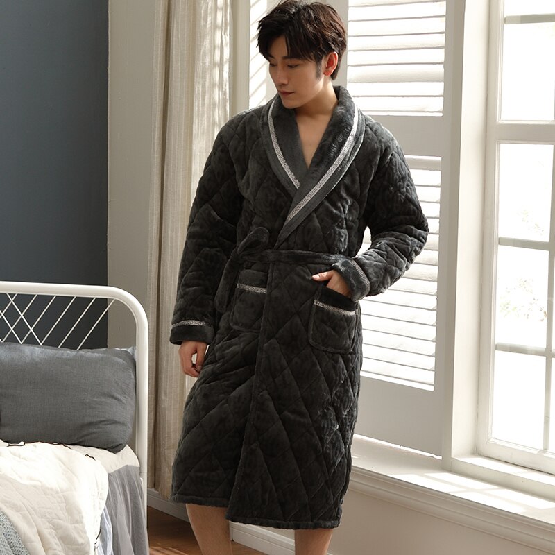 Hombre franela de punto acolchado bata larga Spa cómodo suave sólido invierno bata hombre Pijama L-XXXL