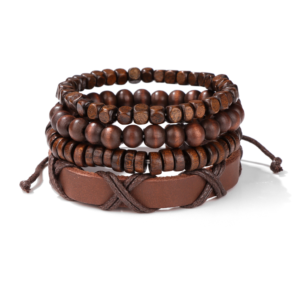 Pulsera de cuentas de madera multicapa para hombre, pulsera de cuerda de cuero marrón Vintage hecha a mano, pulseras nuevas étnicas, brazalete, de joyería 2024