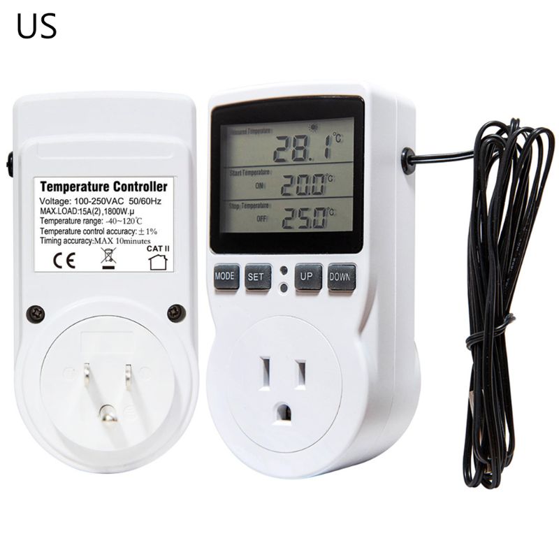 Multi-Function Thermostat Digital Temperature Controller Socket Outlet w/ Timer Switch Sensor Probe Heating Cooling 16A: US