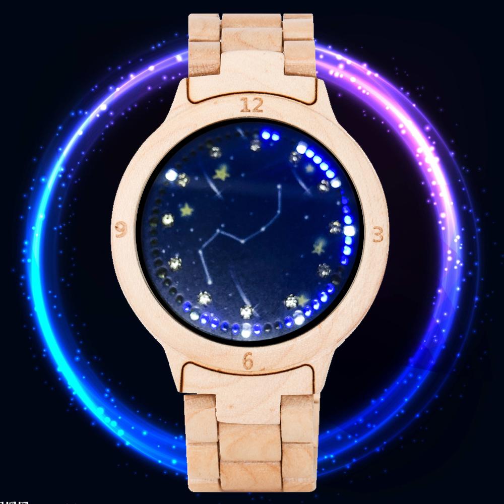 LED Display Revolving Light Touch Screen Electronic Men's Watch Night Vision Full Wooden Band Wristwatch Relojes Hombre