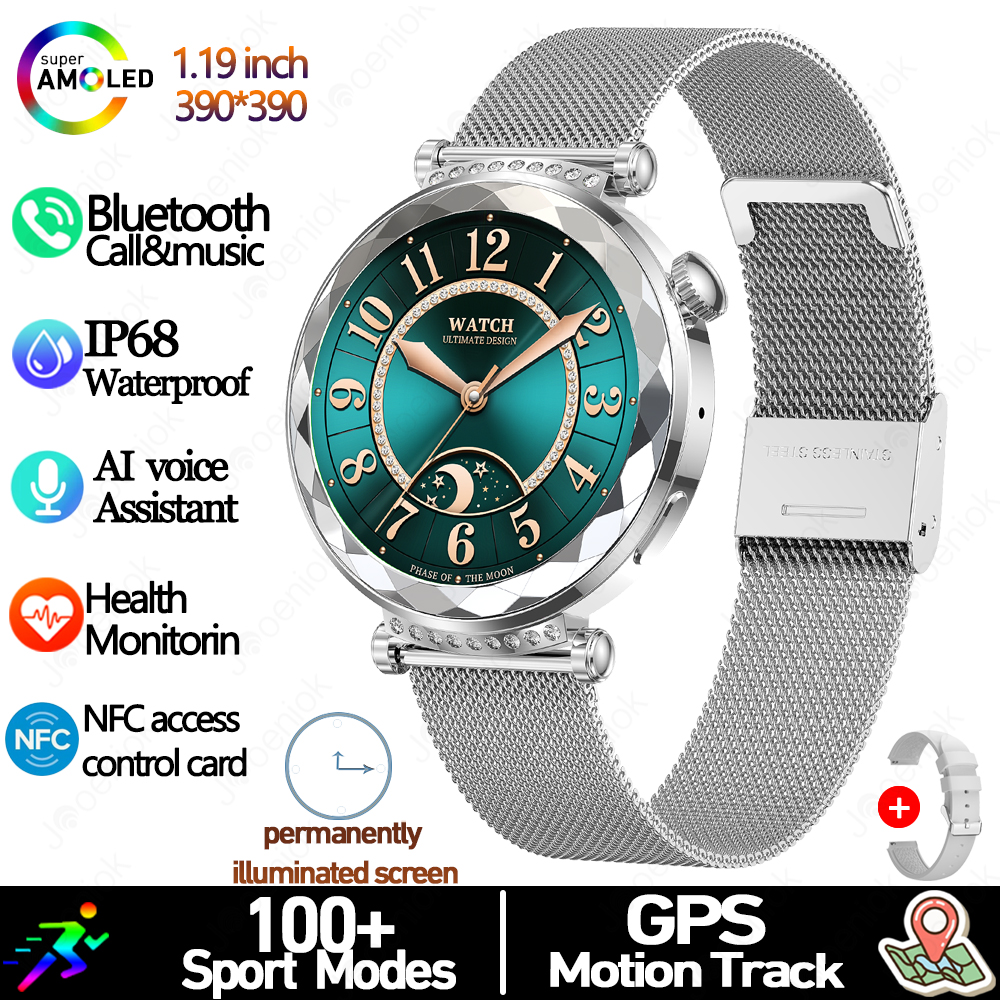 Novo relógio inteligente feminino presente amoled tela hd freqüência cardíaca esporte fitness à prova dwaterproof água mostrador personalizado bt chamada smartwatch para android ios: Verde