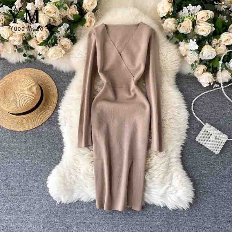 Yuoomuoo Gebreide Jurk Vrouwen Herfst Winter Eenvoudige V-hals Split Bodycon Jurk Elegante Knielange Werk Jurk Dames Jurk Vestido: Khaki