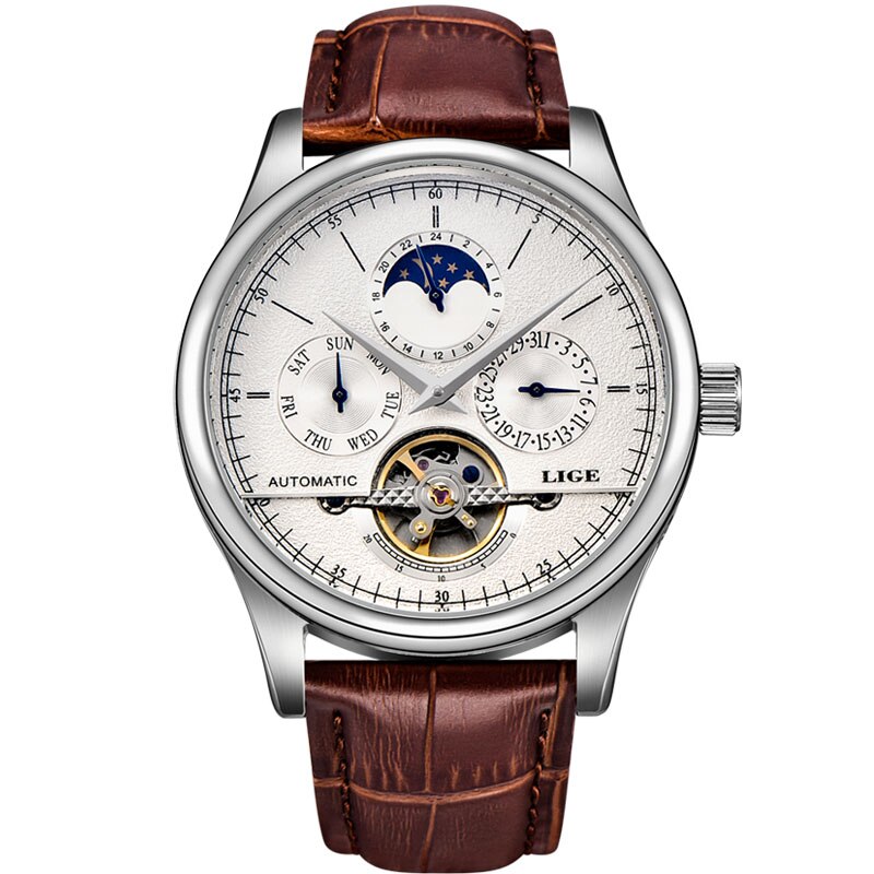 Relojes de Hombre LIGE, reloj mecánico automático para Hombre, reloj Tourbillon deportivo, reloj de pulsera Retro de negocios Casual de cuero: silver white
