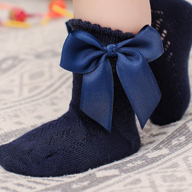 Cute Bowknot Baby Socks Newborn Summer Soft Cotton Baby Girls Socks Solid Color Breathable Kids Mesh Socks: navy