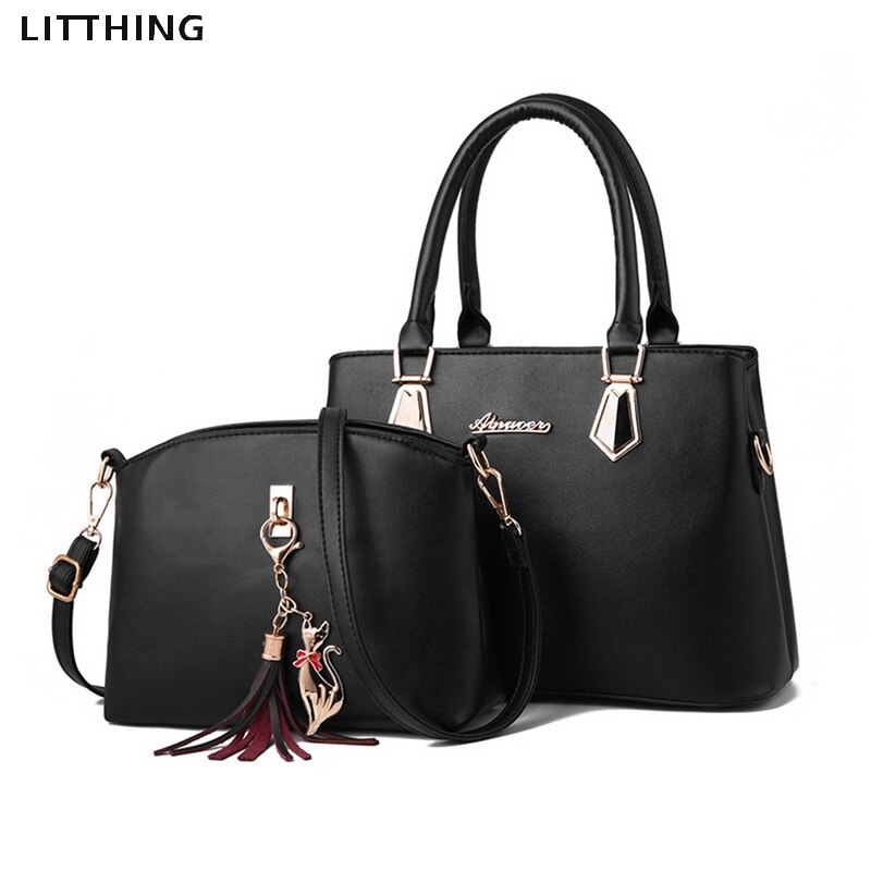 Litthing 2pcs/set Women Handbags Fashio Casual Luxury Handbags Shoulder Bags Bags Women Bag: black A-2PCS