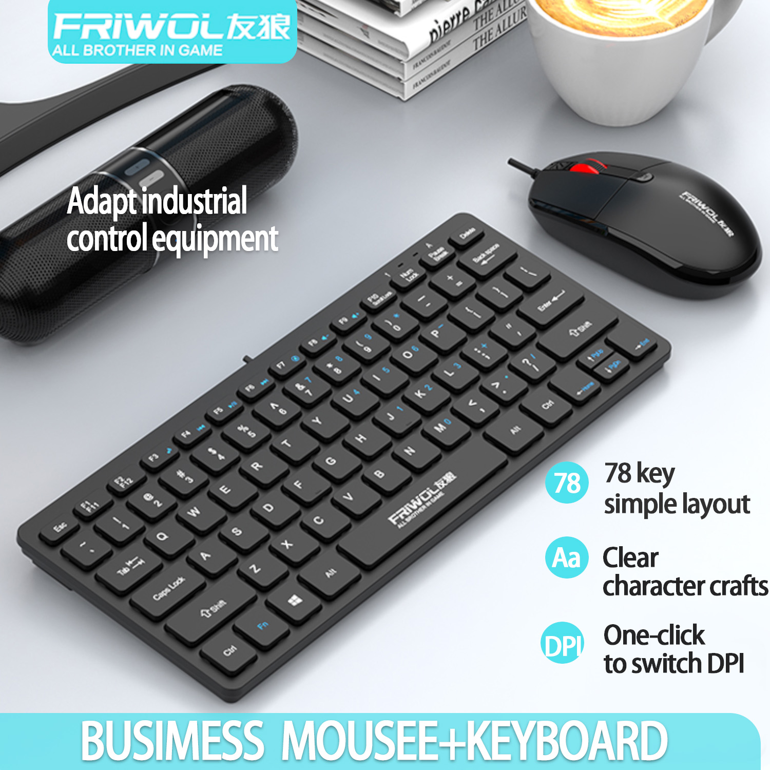FRIWOL KT-100 Wired Keyboard Mouse Set 78 Key Mini Portable USB Laptop Desktop Computer Home Office CNC