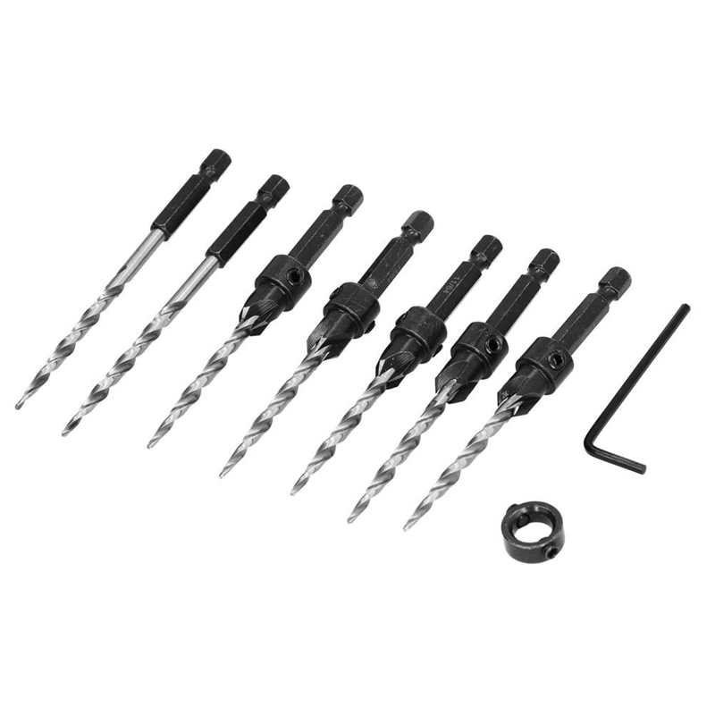 Countersink Drill Bit Efficient Tapered Drilling Bits 4‑Flute Adjustable Depth 1/4 Hex Shank with Collar for Woodworking for