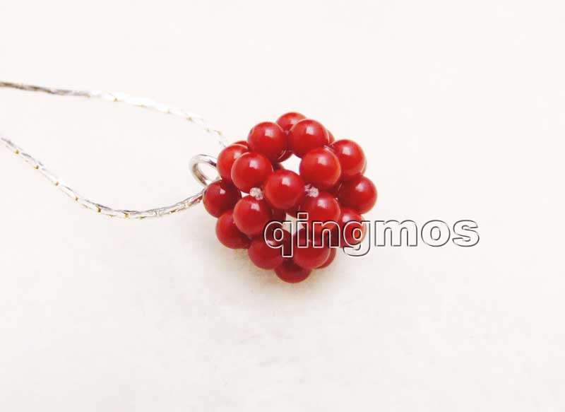 Grand 18-20mm rouge naturel 4-5mm corail travail manuel tissage pendentif boule ronde avec chaîne plaquée argent 17 ''Necklace-nec6202