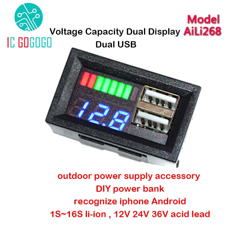 1S 2S 3S 4s 5s 7S 12V 24V 36V indicatore di capacità della tensione della batteria misuratore doppio telefono USB carica riconoscere Li-ion Lifepo4 piombo acido