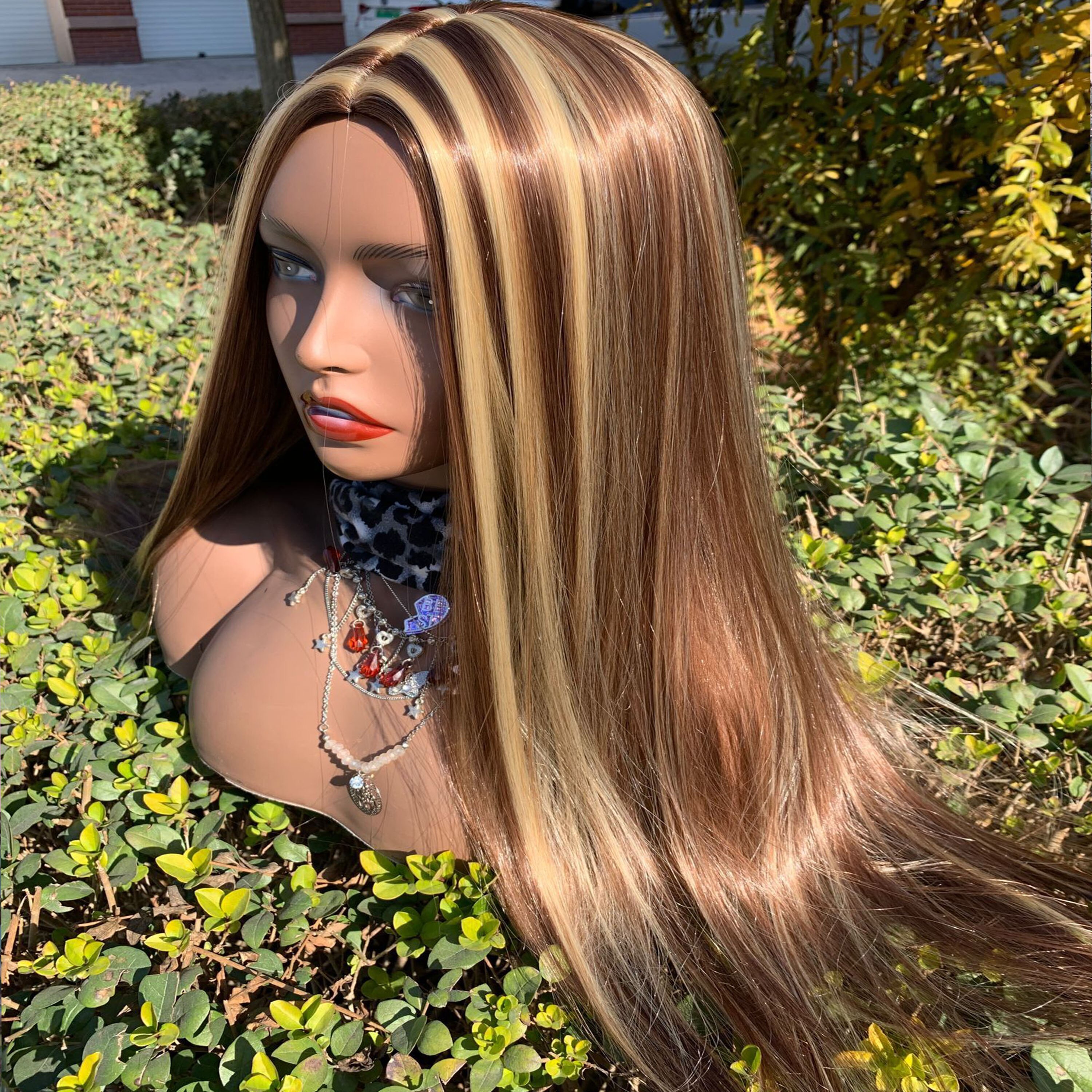 4/27 Ombre Highlight Synthetic Wig Long Brown Honey Blond Color Fiber Hair For Black Women With Natural Middle Part