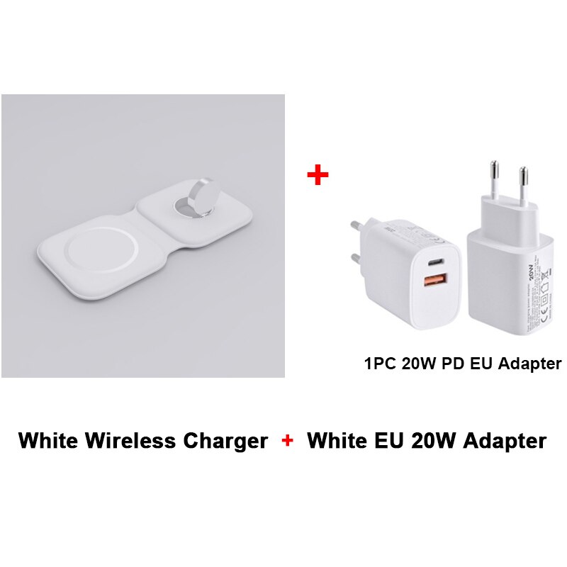 2-in-1 Wireless Charging Station for iPhone & Apple Watch - Magsafe Compatible: White with White EU Adapter