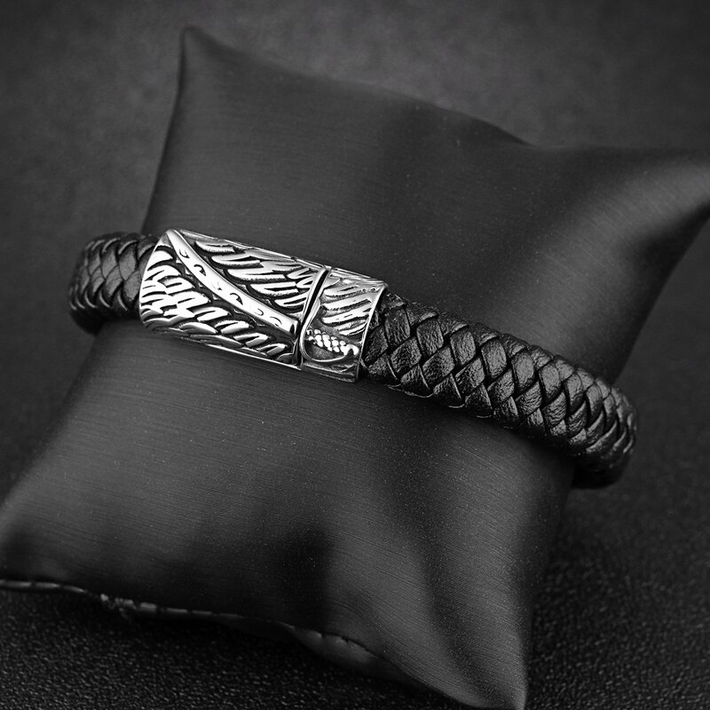 Mozo pulseira masculina de couro, joias da moda masculinas, pulseira de couro preto, espada punk de aço inoxidável, charme de fivela magnética de alta qualidade ps2079