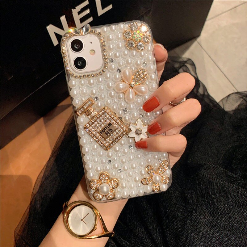 Bling Diamond Flower Pearl Phone Case For iPhone 12 11 Pro Max XS XR X 7 8 Plus Case Glitter Rhinestone Bottle Soft TPU Cover