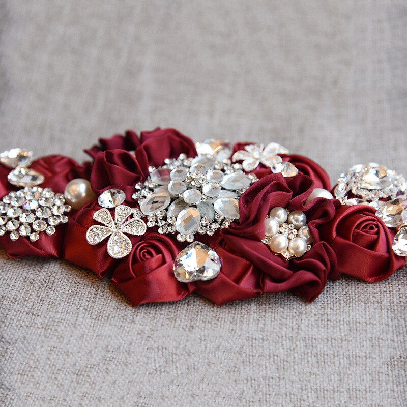JaneVini-cinturones para boda con abalorios, con flores, Burdeos, satén, rosas, boda, cinturón con cristales, cintas de banda de diamantes de imitación,