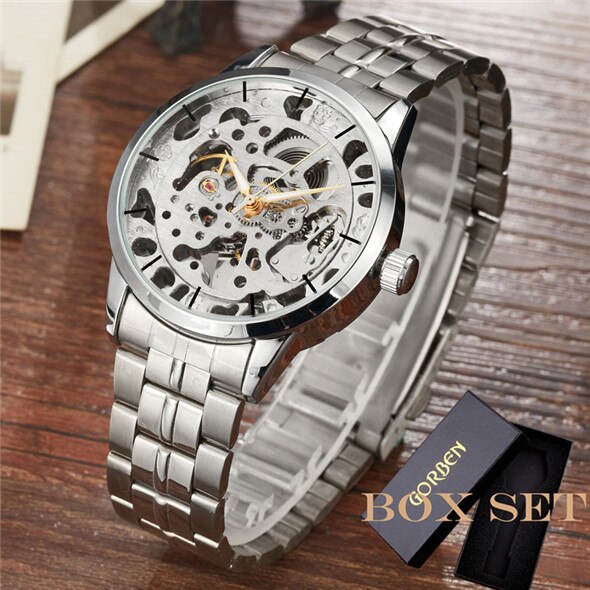 Shenhua Luxe Full Staal Golden Automatische Mechanische Horloge Mannen Zilver Skeleton Analoge Horloge Mannelijke Relogio Mascualino: S008BOX