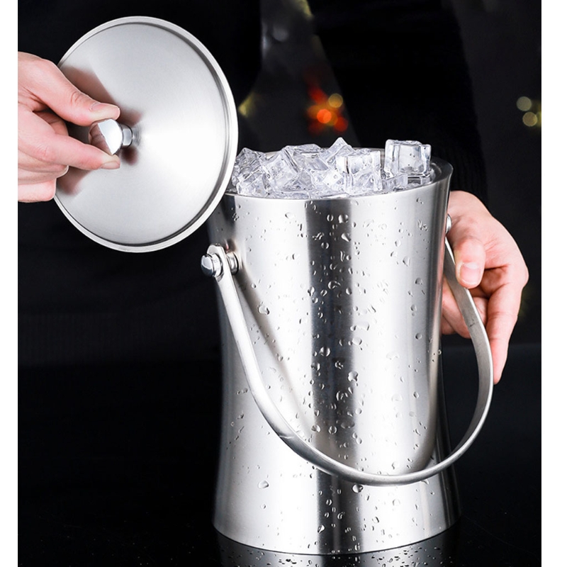 896A Stainless Steel Ice Cube Container with Lid and Tongs Champagne Cooler Ice Bucket Silver Matt Double-Walled Insulated Ice