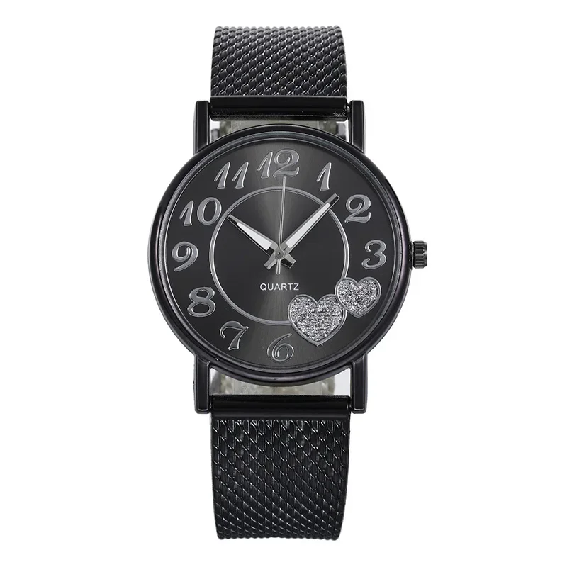 Elegante Rose Gold Herz Zifferblatt Uhr Weibliche Einfache Temperament Schüler Wasserdichte Weibliche Hochrangige Weibliche Luxus Uhren Frauen: Schwarz