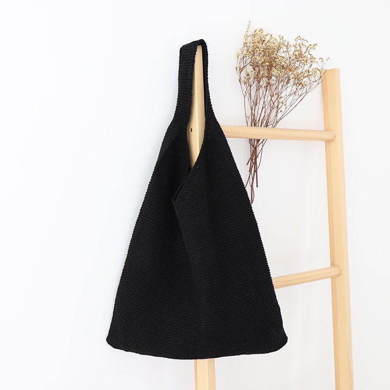Retro Woman Woolen Yarn Knitting Shoulder Bag Soft Comfort Handbag Durable Tote for Travel School: Black