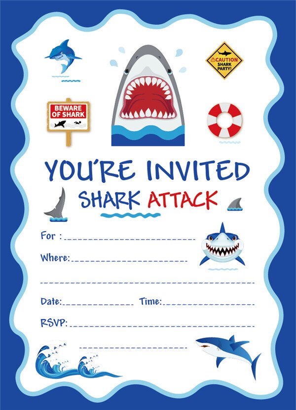 Cartoon Shark Birthday Party Invitations Cards Blue Sea Theme Invitation Kids Happy Birthday Party Favor Decorations ZZ008: Default Title