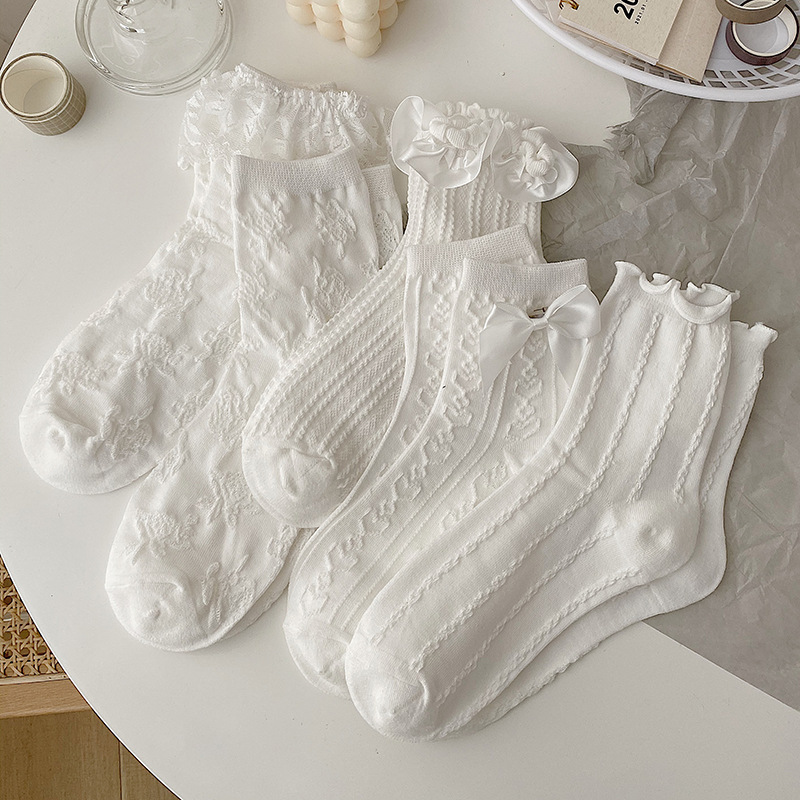 Lolita – chaussettes blanches en dentelle pour femmes, en coton, avec nœud en cœur, style JK