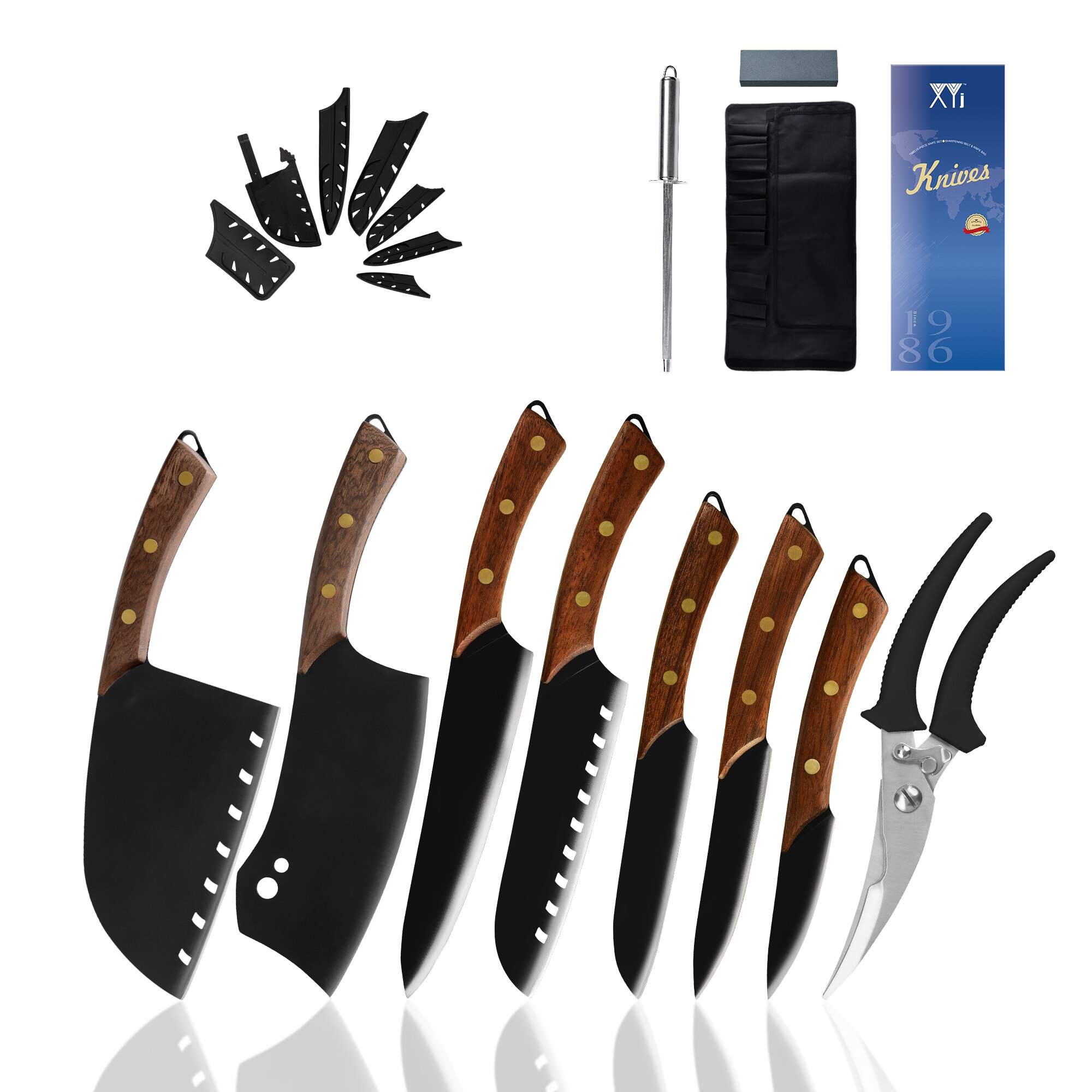 Pro Kitchen Chef Knives Set Stainless Steel Chopping Cleaver Kitchen Bone Shear Scissor Carrying Knife Bag Sharpener System
