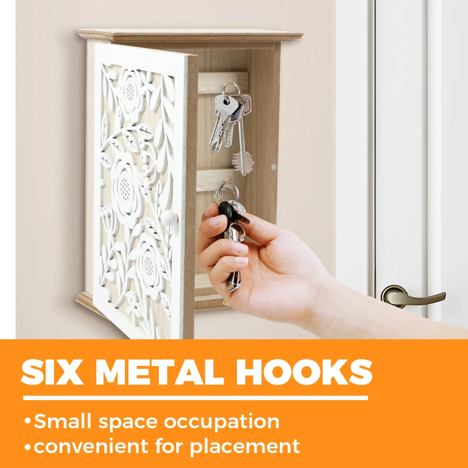 Wood Key Box Decorative Wall Key Holder with 6 Key Hooks Practical Wood Key Cabinet Multifunctional Wood Key Holder Box Doorway