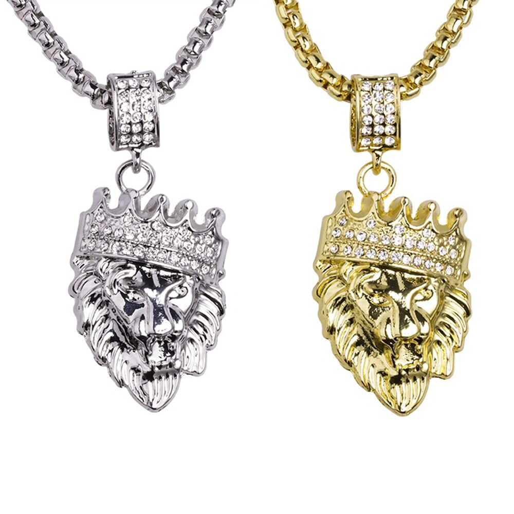 Collares de rapero de aleación para hombre y mujer, colgante de Animal de León, Hip-hop, cadena larga de Metal para suéter, de joyería