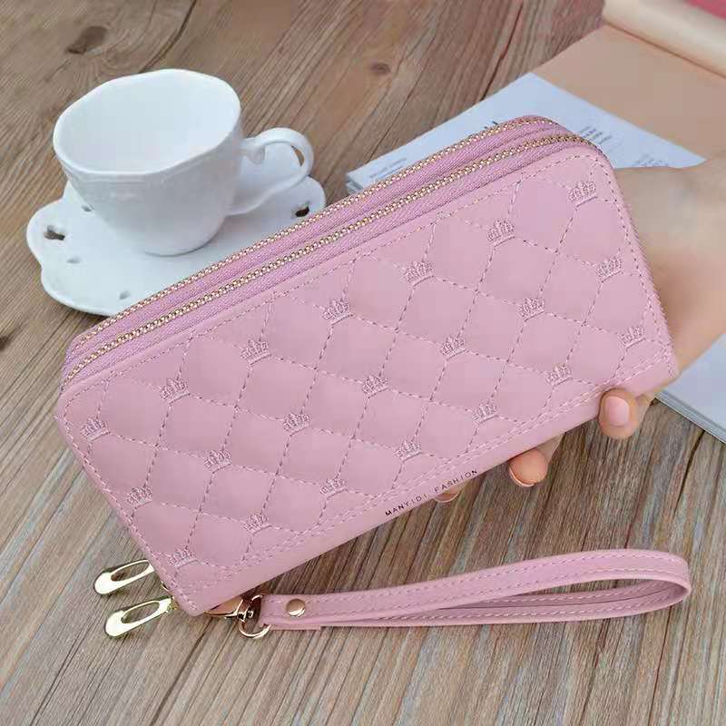 Women&#39;s wallet V Ladies mobile phone bag long ladies clutch bag star Double zipper hand strap bag Multiple color 697: H pink