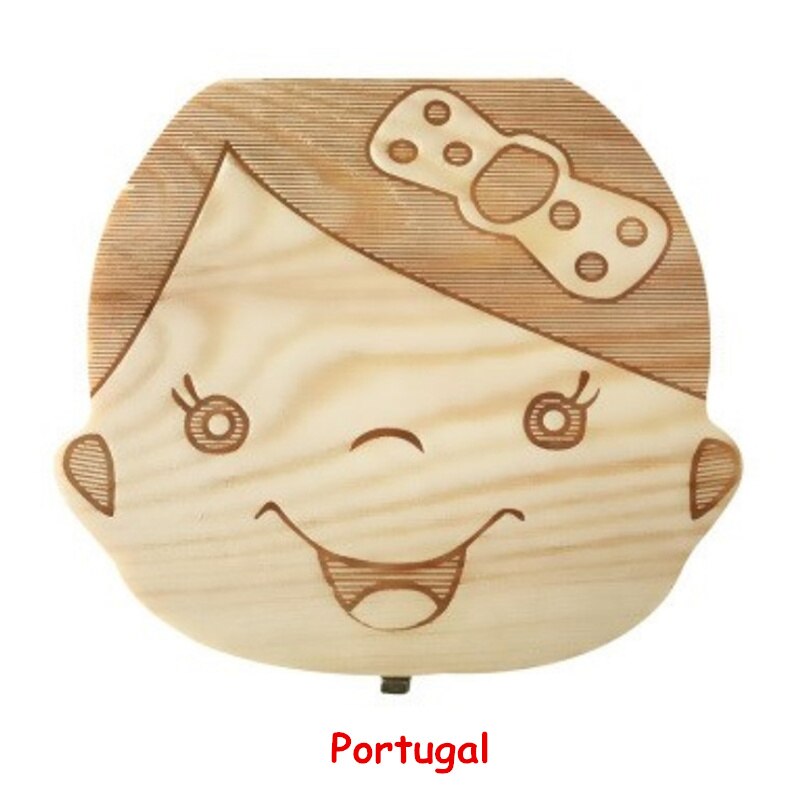Caja de madera para guardar dientes de leche de bebé, organizador de Lanugo, Umbilical, para recuerdos, inglés, español, francés, ruso, portugués: Portugal girl