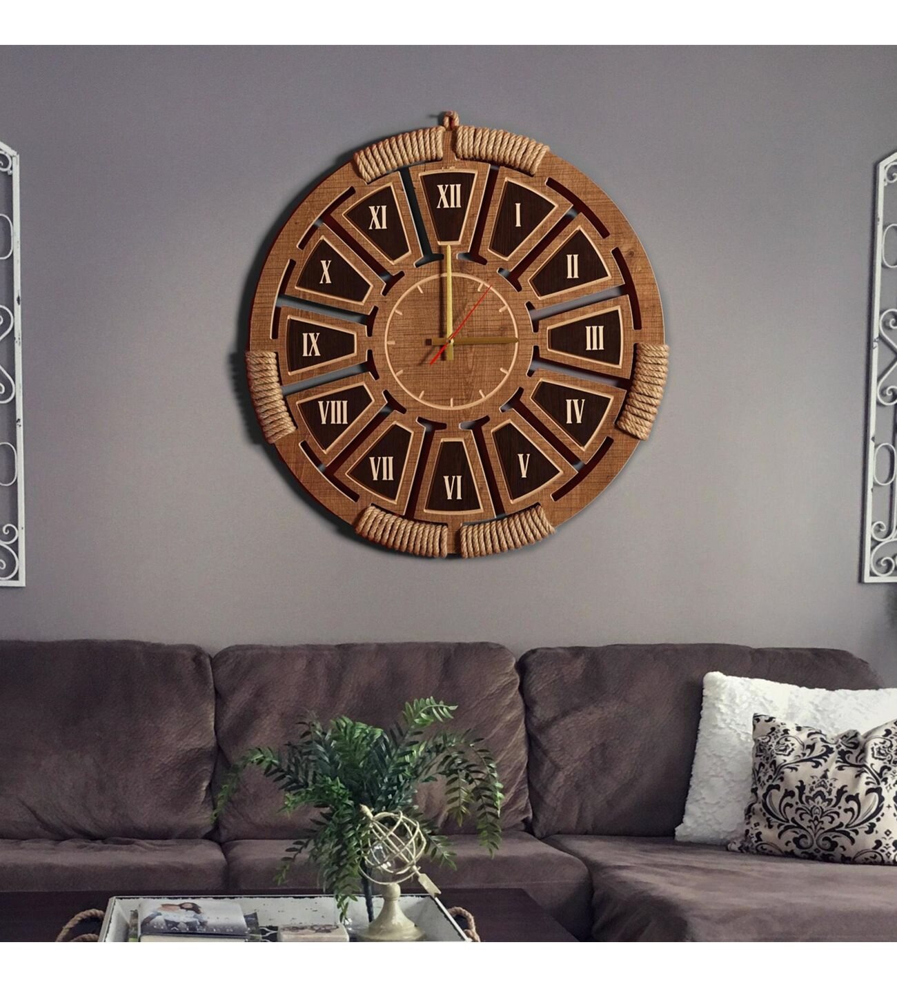 Horloge murale en bois Zeyrek ville-chiffre romain osier brodé 55 cm