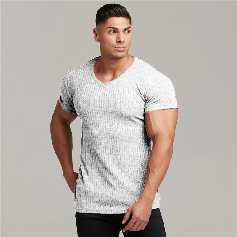 Zomer hardloopshirt met v-hals en korte mouwen, gebreid t-shirt voor heren, sportshirt, slim fit t-shirt, fitness, bodybuilding, trainingskleding