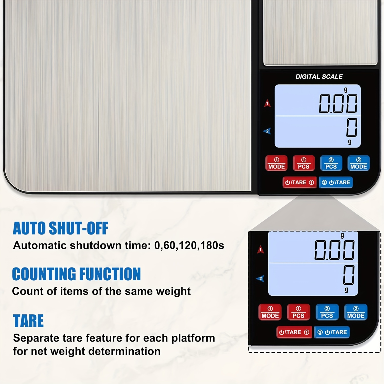 1-delige grote digitale keukenweegschaal met dubbel platform, twee accuracies 0,01 g/0,001 oz en 0,1 g/0,01 oz, maximale capaciteit 5 kg/11 lb