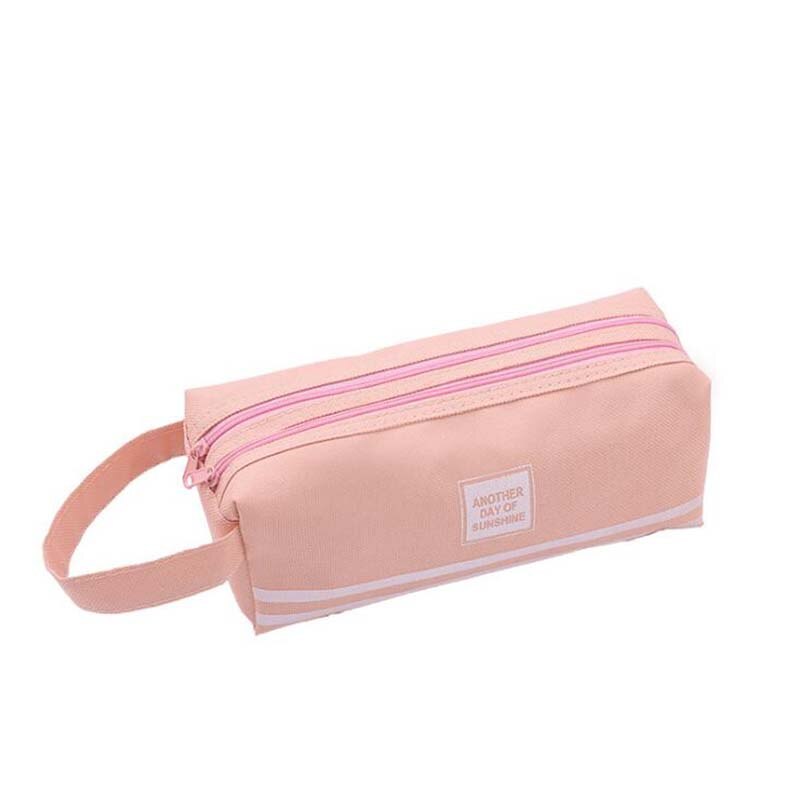 1Pcs Square Pencil Box Pencil Case Large Capacity Double Layer Students Solid Fabric Pen Bag: pink